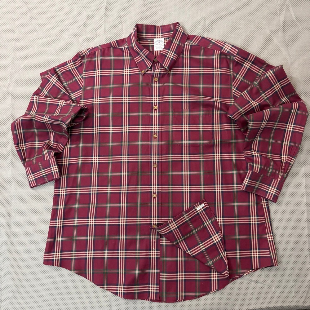 Brooks Brothers Button Down Shirt Men XL Burgundy Plaid Tartan Supima Cotton